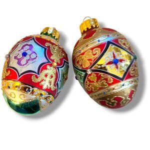 Set Of 2 Dept 56 Hand Painted Glass Egg Christmas Ornaments Glitter & Jewel